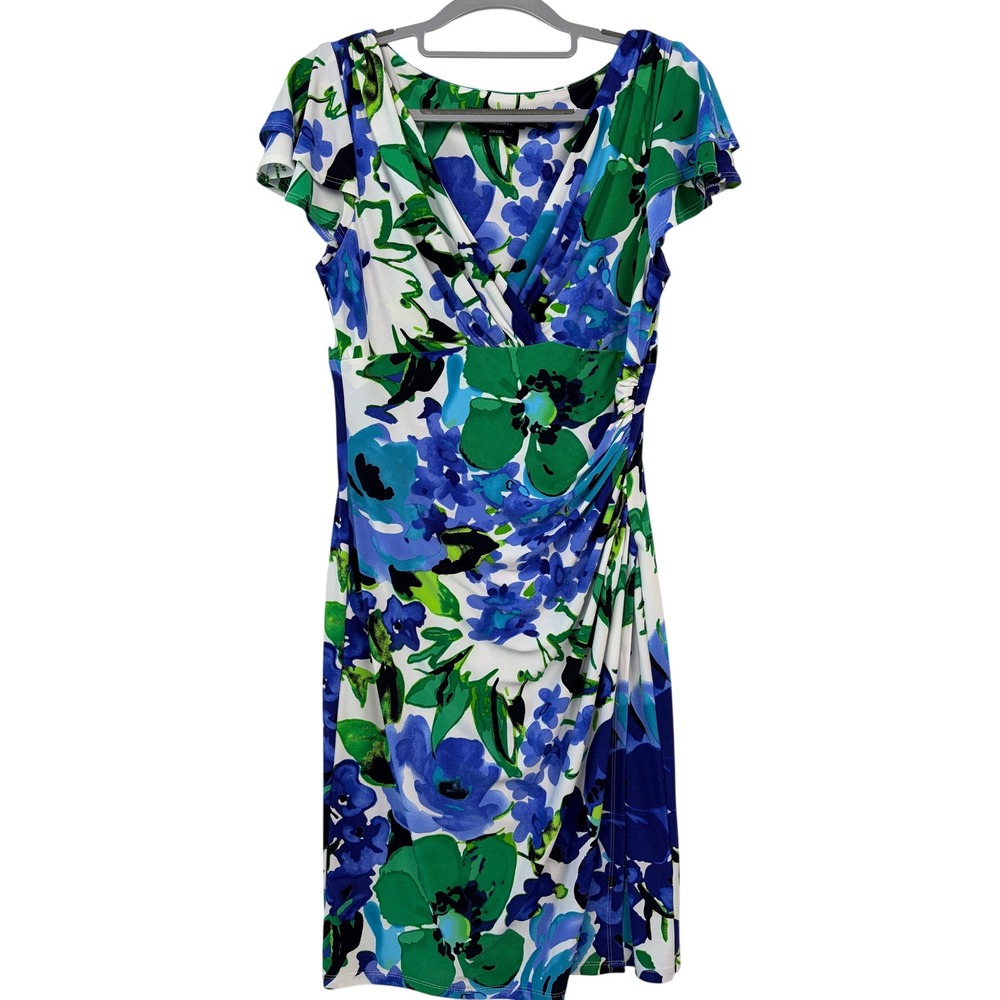 Lauren Ralph Lauren Floral Ruched Sheath Dress 10P Blue Green